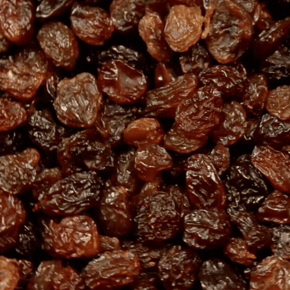 Et nærbillede af en bunke mørkebrune rosiner, der viser deres rynkede struktur og blanke overflade. Rosinerne er pakket tæt sammen og fylder hele rammen.