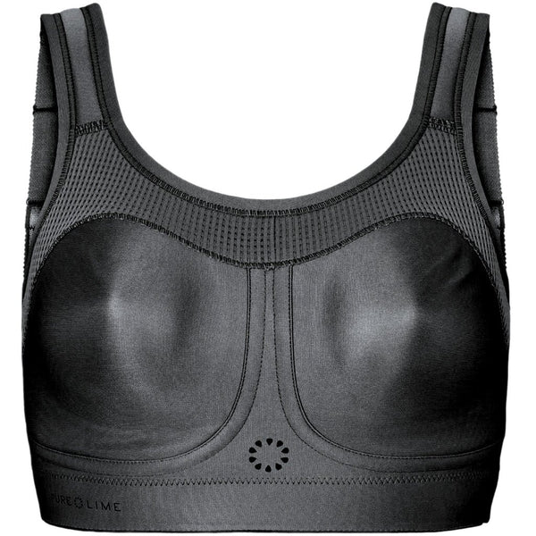 Compression Bra High Impact, Dame, Black fra Purelime har brede stropper, meshdetaljer på bryst og skuldre og et sømløst, struktureret design. Purelime-logoet ses nær kanten. Ideel til intens træning som kompressions-bh.