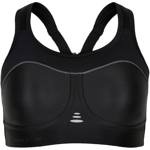 Compression Bra High Impact, Dame, Black fra Purelime har brede stropper, grå syningsdetaljer og tre små hvide ovale mønstre på forsiden. Perfekt som kompressions-bh til intens træning. Mærkenavnet står i nederste venstre hjørne.