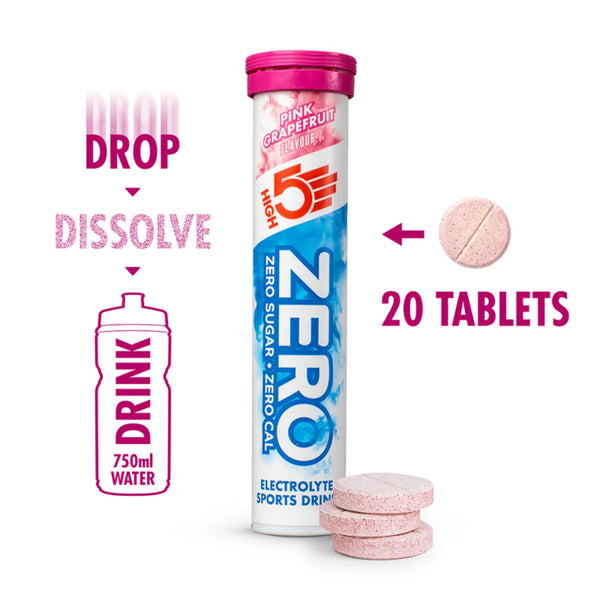 Et rør med High5 Zero Tabs, Pink Grape står oprejst ved siden af tabletterne og en grafik: drop, opløs, drik i 750 ml vand; understøtter væskebalance med elektrolytter; indeholder 20 tabletter.