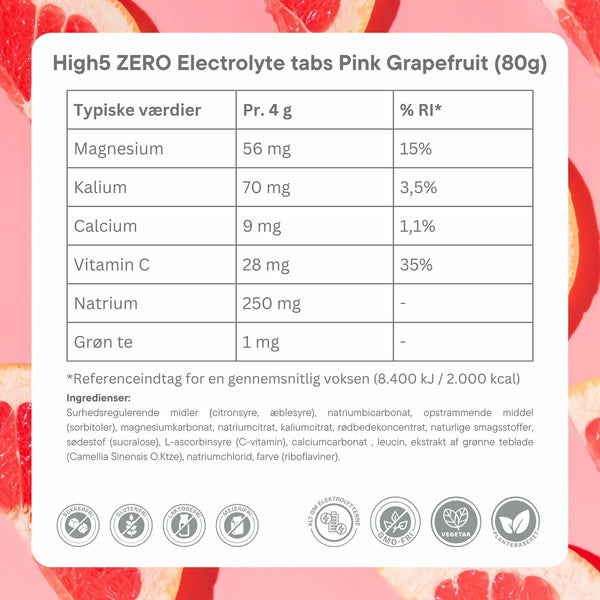 Næringsdeklarationen for High5 Zero Tabs, Pink Grape viser værdier pr. portion på 4 g, inklusive elektrolytter for optimal hydrering. Ingredienser og kostsymboler er vist nedenfor på en pink grape-baggrund.