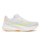 Saucony Tempus 2 Dame i hvid/sol: Letvægtsløbesko med meshoverdel, stabilitet og stødabsorbering. Hvid med lysegult logo, hvide snørebånd, tyk hvid sål samt orange ydersål og hælstrop.