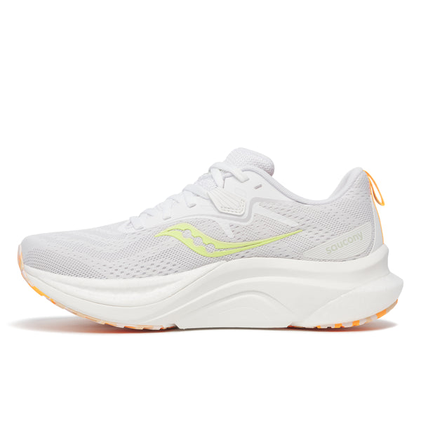 Saucony Tempus 2 Dame i White/Sunny er en letvægtsløbesko med overdel i mesh, lysegule detaljer, orange ydersål, tyk støddæmpende sål for optimal stødabsorbering, snørelukning og trækflig i hælen.