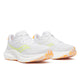 Saucony Tempus 2 Dame i White/Sunny, et par letvægtsløbesko med gule accenter og orange slidbaner for optimal stødabsorbering, vist forfra på en almindelig hvid baggrund.