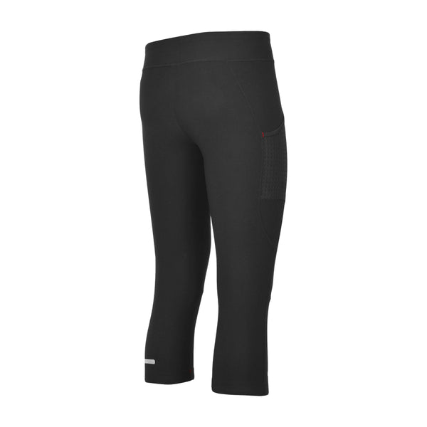 Fusion C3+ 3/4 Training Tight til kvinder i sort, set bagfra i en vinkel. Med en netlomme i højre side og en lille refleksstribe nær venstre benkant på en hvid baggrund.