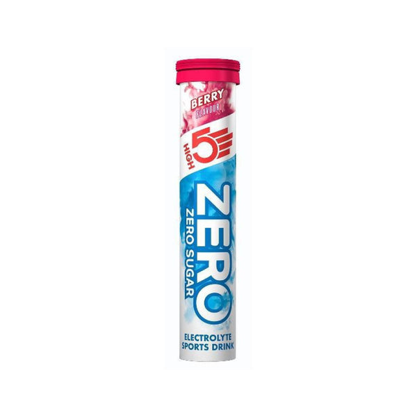 En tube High5 Zero Tabs, Berry flavor, med en hvid og blå etiket og en rød hætte. Etiketten fremhæver ZERO SUGAR, elektrolytter og støtte for optimal væskebalance.