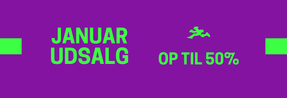 Lilla banner med stor grøn tekst, hvor der står JANUAR UDSALG til venstre og OP TIL 50% til højre, med en lille løbende figur over teksten til højre.