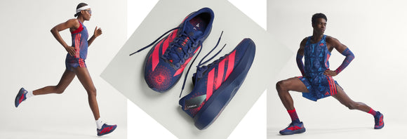 En kvinde løber i sporty blåt og rødt sportstøj, et par blå og røde Adidas-sneakers vises i midten, og en mand poserer i lignende sportstøj og -sko.