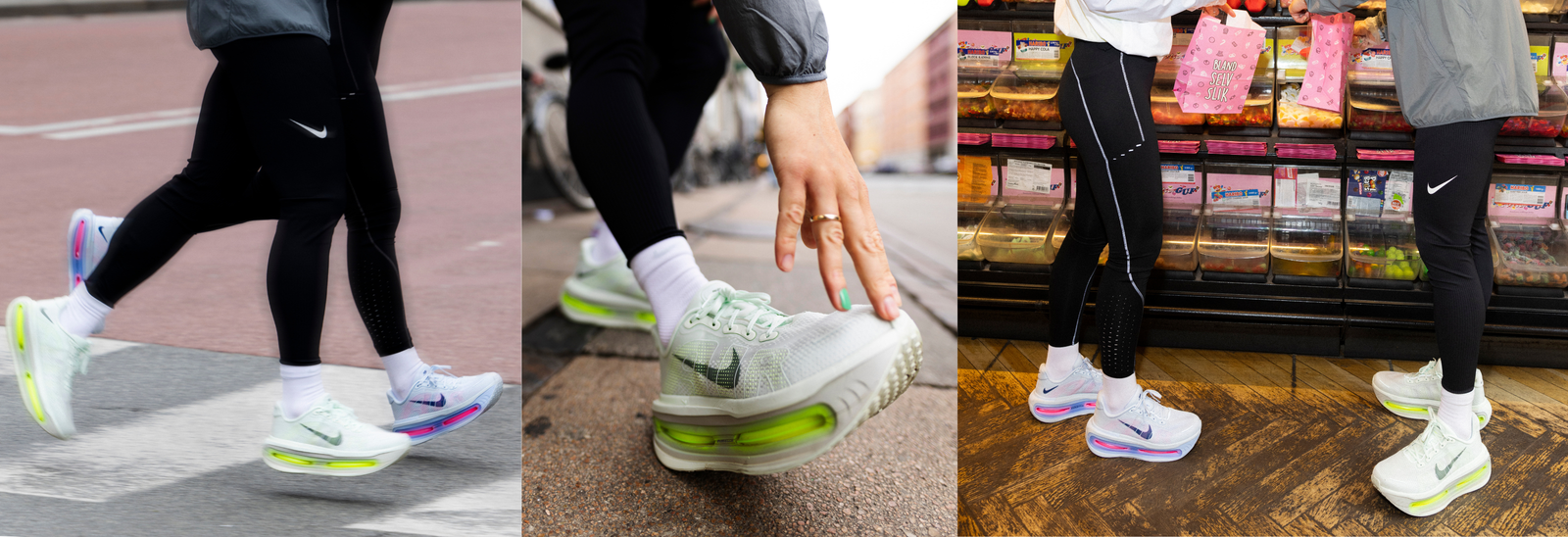 Tre billeder side om side viser en person iført hvide Nike-sneakers med neongrønne og pink detaljer, sorte leggings og hvide sokker, der går udendørs og står i en slikbutik.