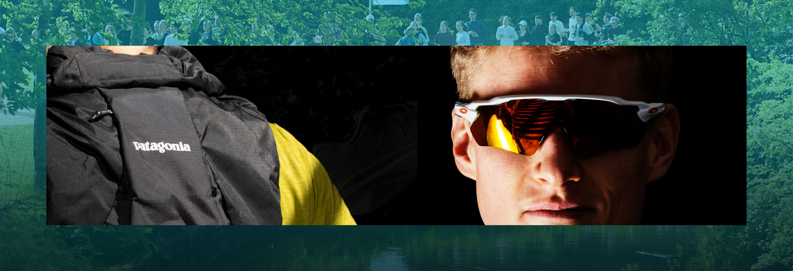 Nærbillede af en person iført en gul skjorte og en sort Patagonia-rygsæk til venstre og en person med kort blondt hår iført sportssolbriller med hvidt stel og orange glas til højre.