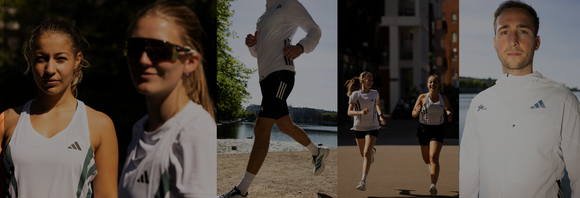 Fire billeder viser mennesker i sportstøj: to kvinder, der står, en person, der løber, to kvinder, der jogger, og en mand, der poserer i en hvid jakke, alle i udendørs bymiljøer med sollys.
