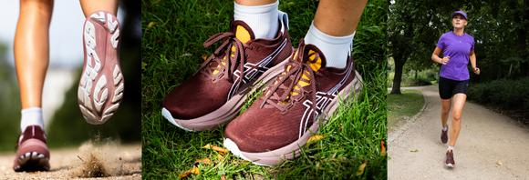 En person løber udendørs, vist i tre billeder: nærbillede af løbesko på en grussti, nærbillede af rødbrune sneakers på græs, og en løber iført lilla skjorte og kasket på en sti.