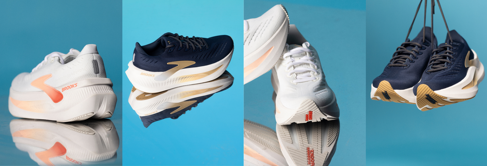 Fire løbesko vises på en blå baggrund: to er hvide med ferskenfarvede og grå detaljer, og to er marineblå med solbrune og lyseblå detaljer. Skoene vises fra forskellige vinkler.