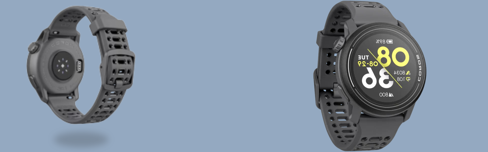 Et sort smart fitness-ur vises bagfra og forfra mod en blå baggrund. Displayet viser dato, klokkeslæt, puls og antal skridt med gul og hvid tekst.