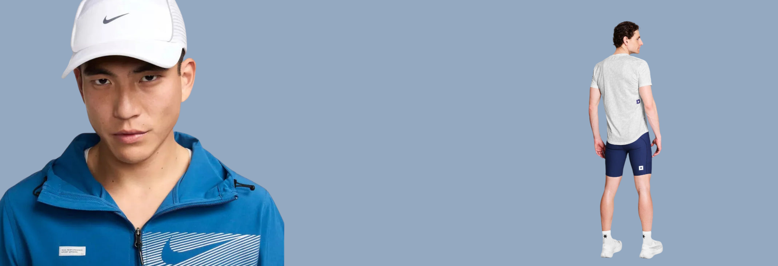 Til venstre ses en mand i hvid Nike-kasket og blå jakke med lynlås. Til højre står en mand i hvid t-shirt og blå shorts med ryggen til. Baggrunden er lyseblå.