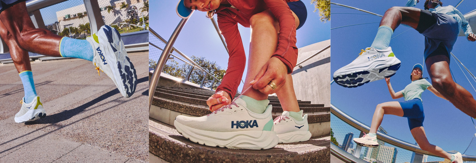 Tre billeder viser mennesker i HOKA-sneakers: et nærbillede af løbefødder, en person, der binder et snørebånd på en trappe, og to mennesker, der løber med en bro og blå himmel i baggrunden.
