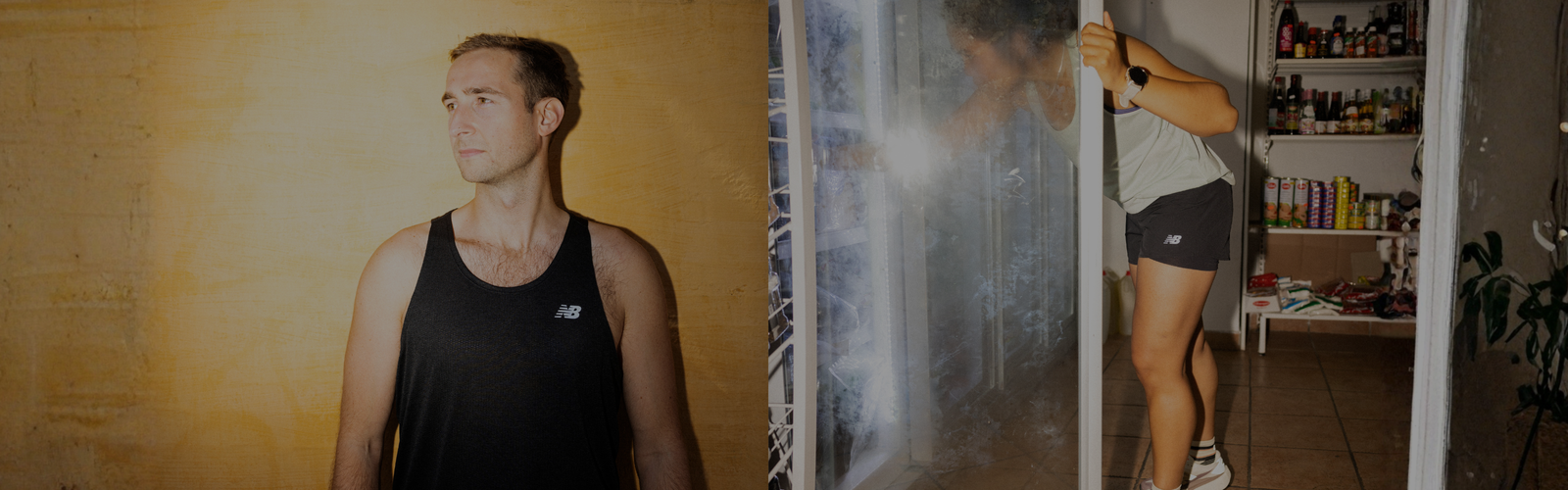 En mand i en sort tanktop står op ad en gul væg til venstre; til højre åbner en person i sportstøj en glasdør til et køleskab i et rum fyldt med forskellige ting.