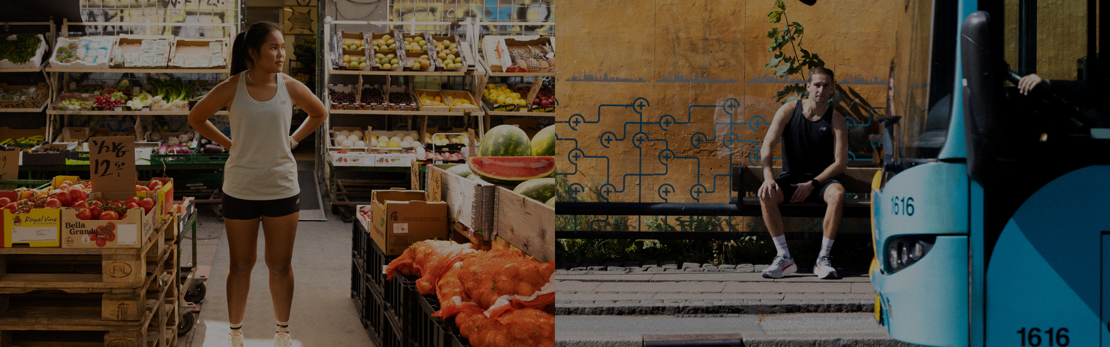 En person i sportstøj strækker sit ben og holder om anklen med den ene hånd. Den orange sneaker med et blåt N-logo er fremtrædende. Baggrunden viser en blå væg og et vindue. Billedet er sløret.