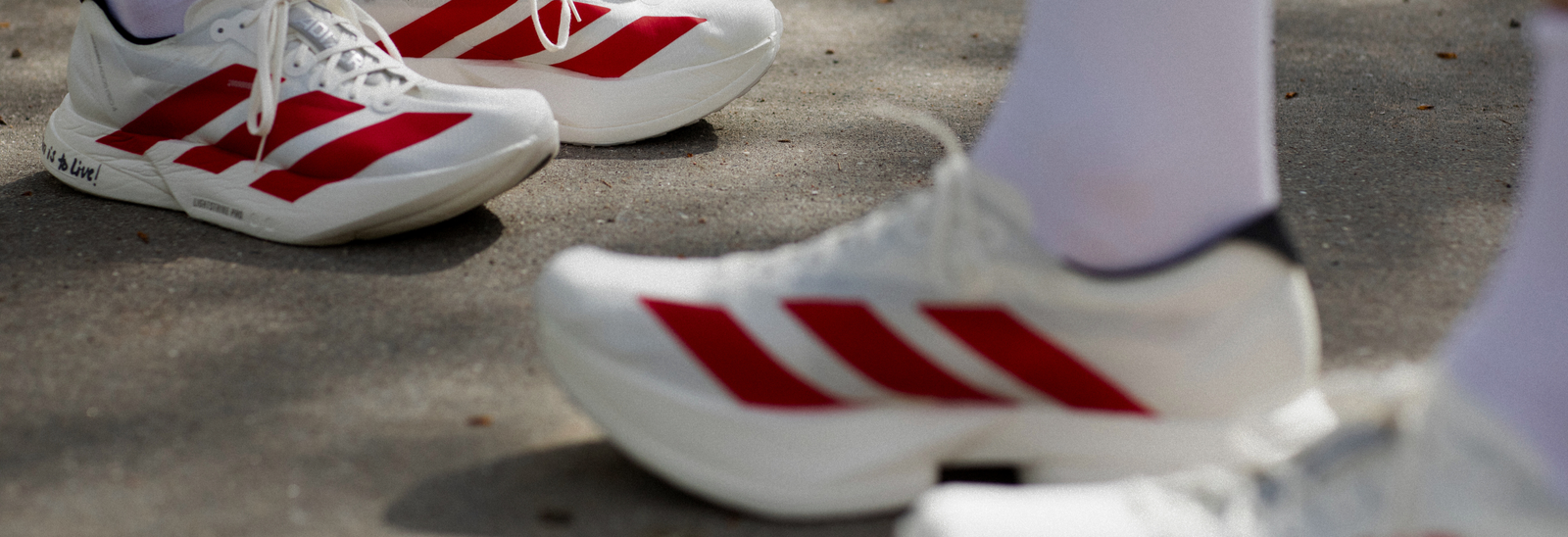 Nærbillede af to personer iført hvide løbesko med røde striber, der står på en asfalteret sti. I baggrunden står en gruppe mennesker foran grønne træer.
