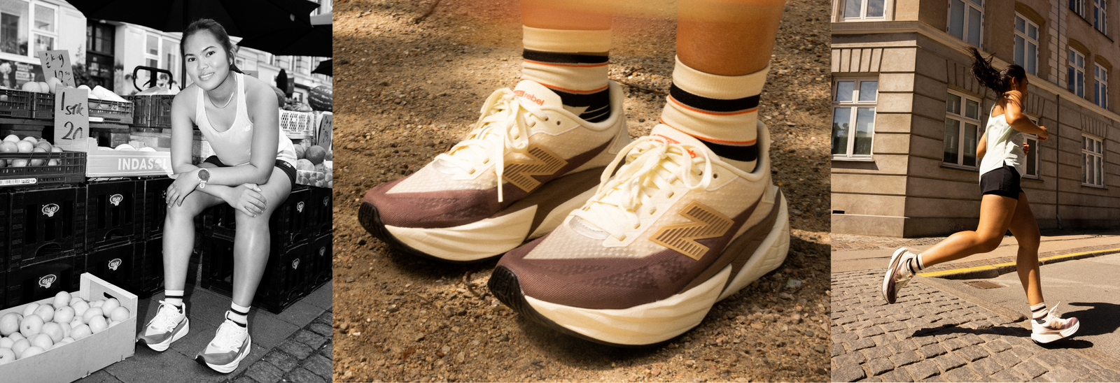 En kvinde sidder ved frugtkasser, et nærbillede af beige og brune New Balance-sneakers, og kvinden løber på en solrig gade i byen iført de samme sneakers.