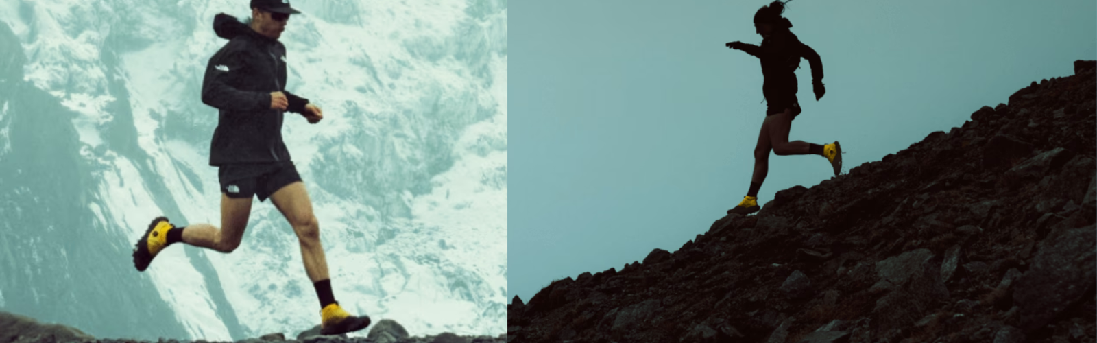 To personer løber op ad bakke i stenet terræn, begge iført sorte jakker, shorts og gule sko. Den venstre er vist mod en snedækket baggrund; den højre er en silhuet mod en grå himmel.
