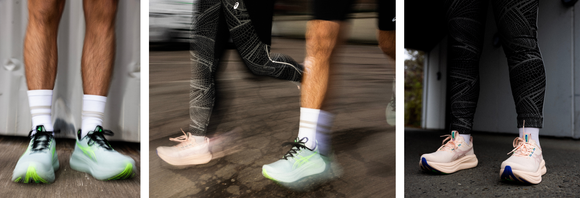 Tre fotos side om side viser nærbilleder af mennesker iført sportssko og leggings; to mennesker er i bevægelse, en står stille, alle er udendørs på fortovet.