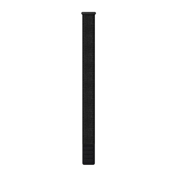 En Garmin UltraFit Nylonstrap 22mm, Unisex, Black vises lodret på en hvid baggrund. Remmen ser ubrugt ud, har synlige syninger i den ene ende og er udstyret med en velcrolukning.