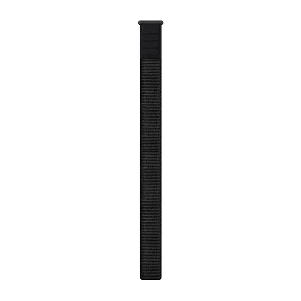 En enkelt Garmin UltraFit Nylonstrap 22mm, Unisex, Black vises lodret mod en hvid baggrund med en rektangulær fane øverst og en justerbar tekstureret rem i stil med en Garmin-urrem.