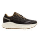 En Salomon Aero Glide 3 GRVL herreløbesko i Wren/Vanilla Ice/Coyote Brown med hvid, tekstureret mellemsål, sort mesh-overdel og brun ydersål ses fra siden. SALOMON-logo på hælen-perfekt som komfort løbesko til mænd.