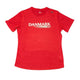 Fusion C3 DK T-Shirt, Dame, Red, er en åndbar kortærmet t-shirt med "DANMARK" og et lille dansk flag i hvidt hen over brystet. Den svedtransporterende skjorte vises fladt på en hvid baggrund.