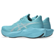 Et par Asics Novablast 6 herresko i farvekombinationen Energy Aqua/White, med tykke, strukturerede såler, ses set fra bagsiden på en hvid baggrund.