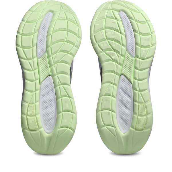 Nederst ses et par Asics Gel-Cumulus 28 Dame løbesko i Dahlia/Illuminate Yellow med lysegrønne gummisåler med hvide teksturerede partier og grebsriller.