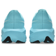 Et bagfra-billede af Asics Novablast 6, Dame i farvekombinationen Energy Aqua/White, med tykke, formede såler og sorte mønsterdetaljer, designet til en energifyldt løbeoplevelse.