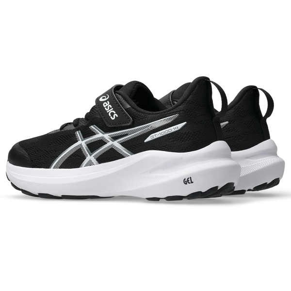 Et par sorte ASICS Gt-1000 14 Ps børneløbesko i Black/Steel Grey med hvide mellemsåler, ydersåler, sølvfarvede sidestriber og synlige logoer på tungen og hælen, placeret side om side.