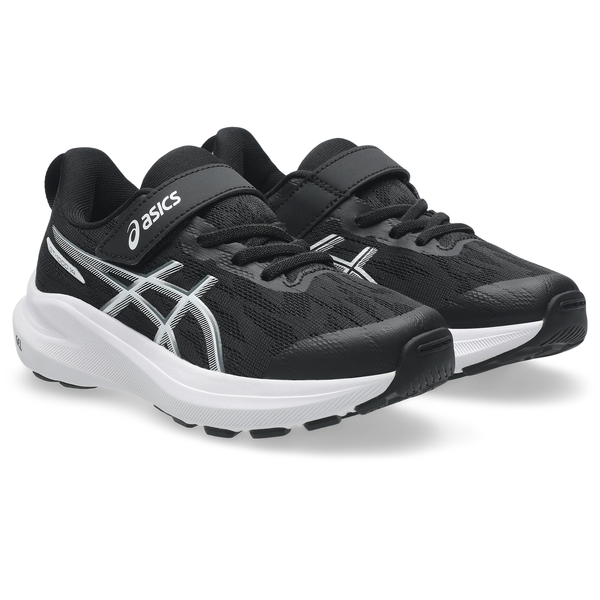 Et par Asics Gt-1000 14 Ps børne løbesko i Black/Steel Grey med hvide såler, mesh overdel, hvidt logo og velcrolukning. Stabilt løbesko placeret side om side på hvid baggrund.