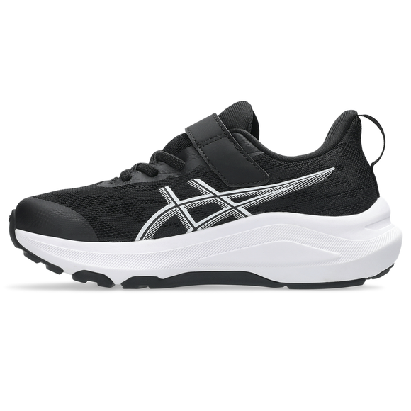 Asics Gt-1000 14 Ps børne løbesko i sort/stålgrå har en hvid sål, hvidt logo på siden, sorte snørebånd og en matchende velcrolukning, der giver både stil og stabilitet.