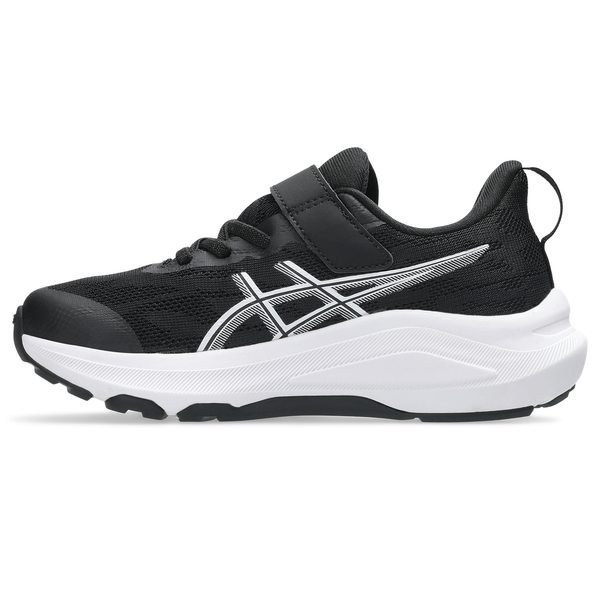 Asics Gt-1000 14 Ps børne løbesko i sort/stålgrå har en hvid sål, hvidt logo på siden, sorte snørebånd og en matchende velcrolukning, der giver både stil og stabilitet.