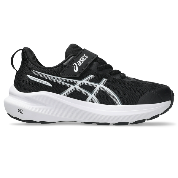 Asics GT-1000 14 PS børnesko i Black/Steel Grey har en hvid sål, sølv og hvide logo-detaljer, velcrolukning samt stabilt løbesko-design med GEL-teknologi label på siden.