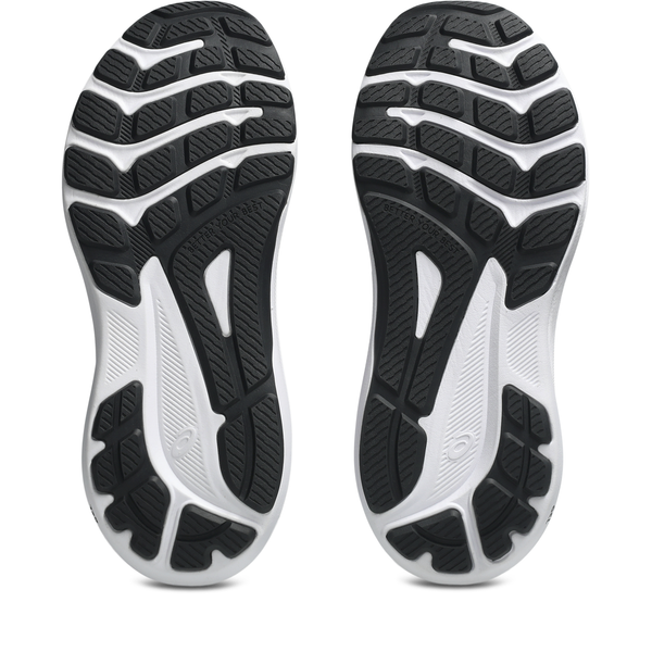 Et par Asics Gt-1000 14 GS løbesko til børn i Black/Steel Grey, med GEL-dæmpning og tekstureret, rillet sålmønster, vist side om side på hvid baggrund.