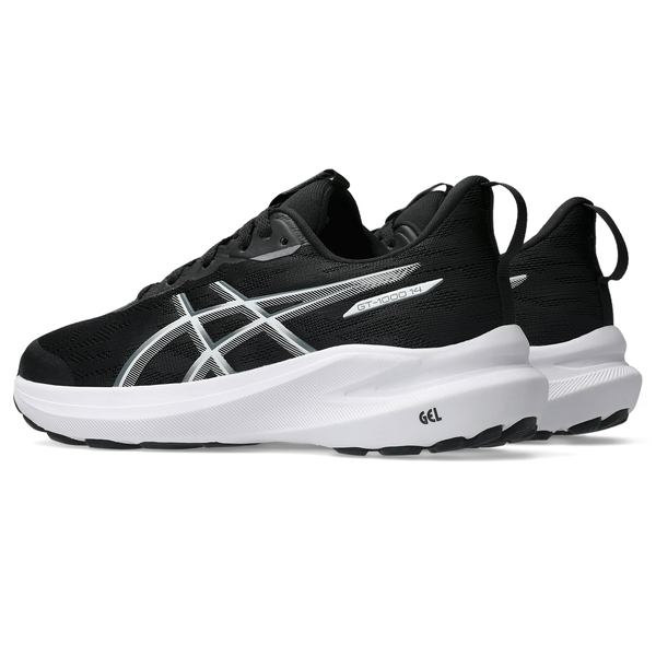 Et par sorte Asics GT-1000 14 GS løbesko til børn med stålgrå og hvide detaljer, GEL-dæmpning, hvide mellemsåler og Asics-logoet på siden - vist på en hvid baggrund.