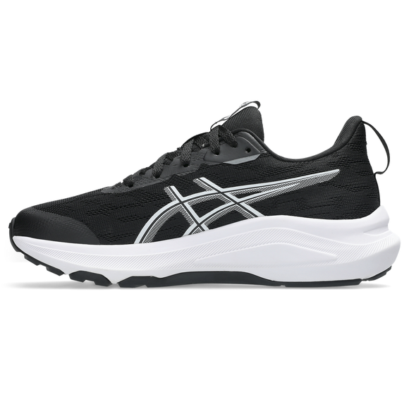 Asics GT-1000 14 GS løbesko til børn i Black/Steel Grey har en hvid sål, GEL-dæmpning for komfort og et hvidt ASICS-logo på siden. Skoen er vist fra siden mod en hvid baggrund.
