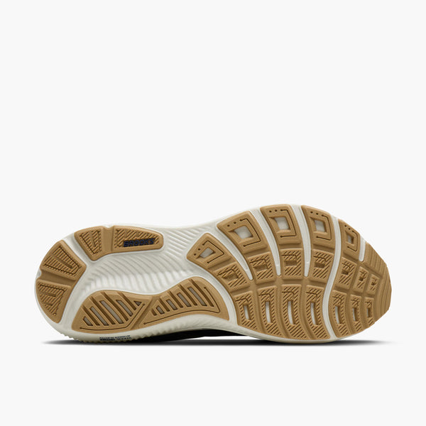 Billedet viser undersiden af Brooks Ghost 17-løbeskoen til mænd i Beacon Blue/Moonlight/Starfish med en bølget hvid mellemsål og en brun gummiydersål med struktureret mønster, der giver greb og fleksibilitet.