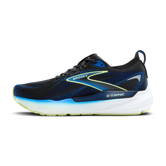 Brooks Glycerin GTS 22 herreløbesko i Black/Cobalt/Neo Yellow har en hvid sål og neon-detaljer, perfekt til lange løbeture. "Brooks"-logoet ses på siden, og skoen vises fra siden mod en hvid baggrund.
