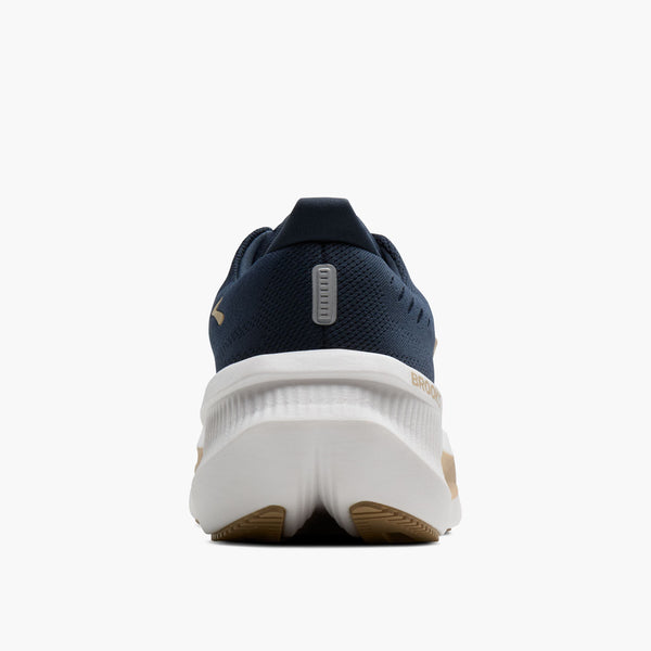 Brooks Glycerin Max 2 løbesko herre i Spellbound/Starfish/White er vist bagfra med en struktureret hvid sål for maksimal komfort, solbrune detaljer på ydersålen og en reflekterende hælstribe mod en almindelig hvid baggrund.