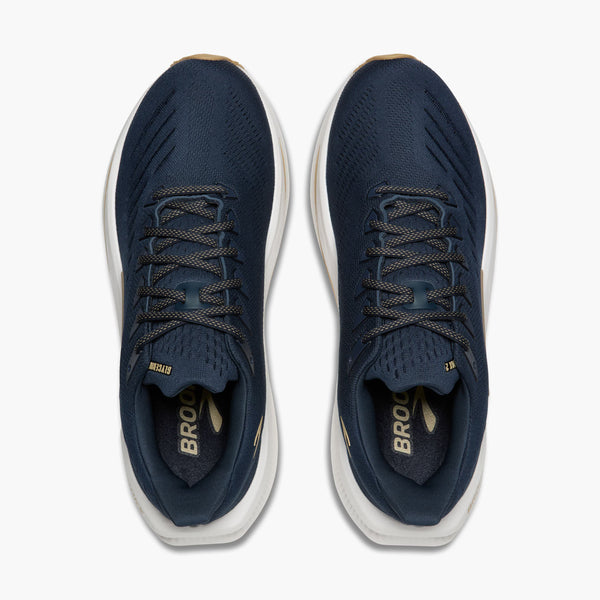 En top-down visning af Brooks Glycerin Max 2 løbesko herre i Spellbound/Starfish/White, med marineblå med hvide såler, sort-grå snørebånd, max polstrede indersåler for maksimal komfort og fremtrædende Brooks branding.