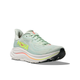 Hoka Clifton 10 Dame i Sea Glass/Neon Flame er en lysegrøn løbesko med en tyk hvid sål, sort slidbane, neongult branding og orangegule detaljer, vist på en almindelig hvid baggrund.