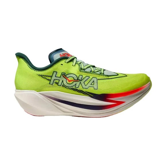 Hoka Cielo X1 3.0 Unisex i Neon Yuzu/Thyme har en tyk hvid og rød sål, Hoka-logo på siden og timianfarvede accenter - ideel til maratonløb.