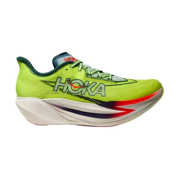 Hoka Cielo X1 3.0 Unisex i Neon Yuzu/Thyme har en tyk hvid og rød sål, Hoka-logo på siden og timianfarvede accenter - ideel til maratonløb.