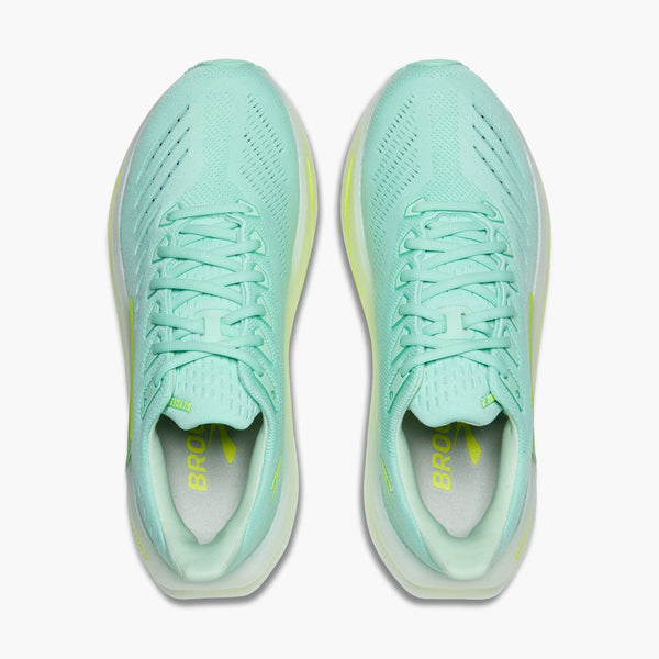 Et par Brooks Glycerin Max 2 løbesko dame i Yucca/Nightlife/White, vist fra oven med hvide såler og limegrønne detaljer. Skoene er designet til maksimal komfort og er pænt snøret og sat side om side.
