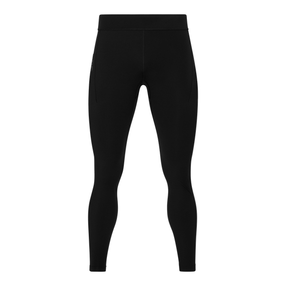 On Performance Tights, Herre, Black er ensfarvede sorte tights til mænd med høj linning og slank pasform, vist på en hvid baggrund - ideelle til strømlinet træning uden synlige logoer eller mønstre.